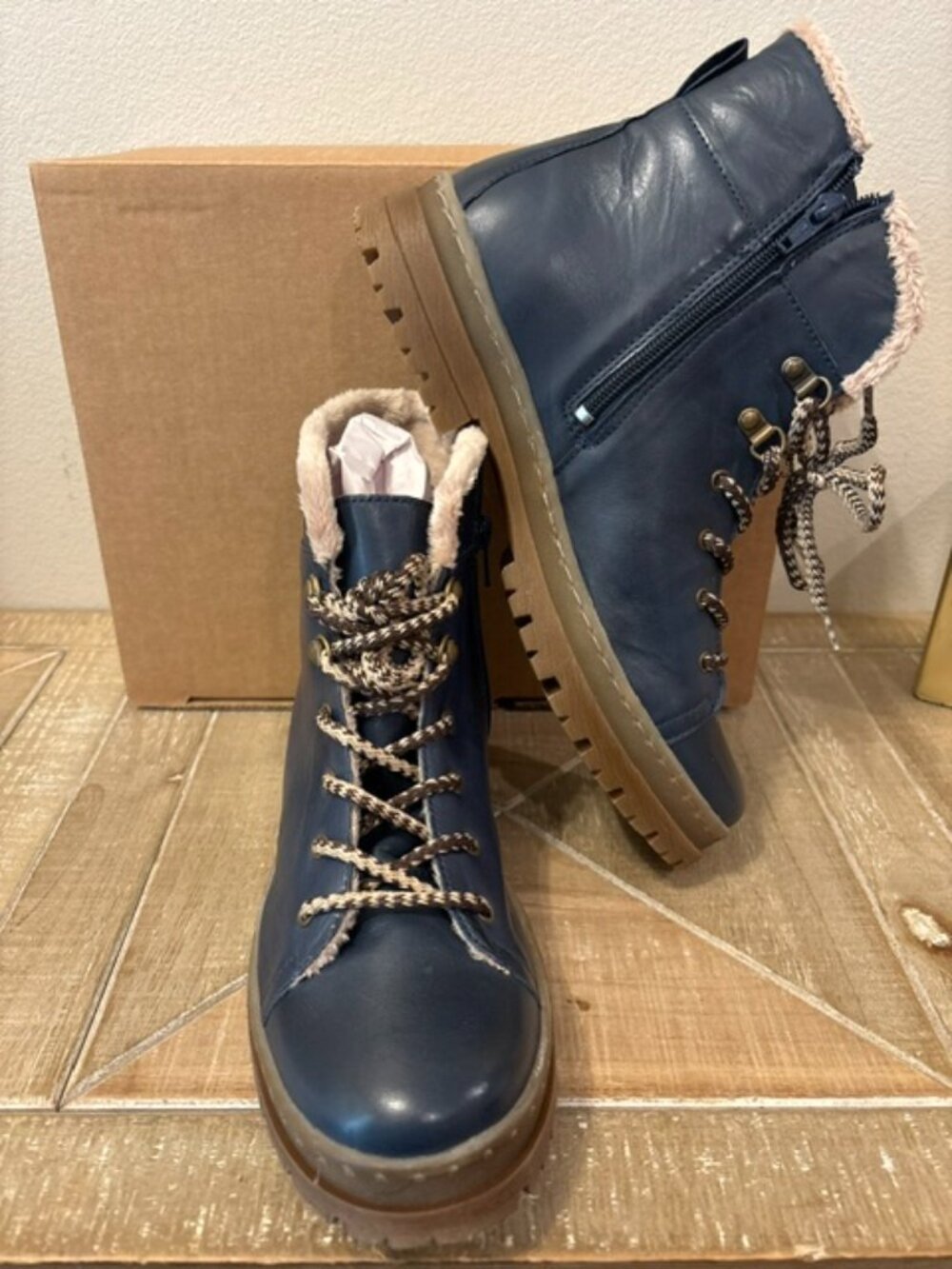 NEW Miz Mooz Auburn Cozy Lined Leather Lace Up Boots Denim EU42 US10.5-11